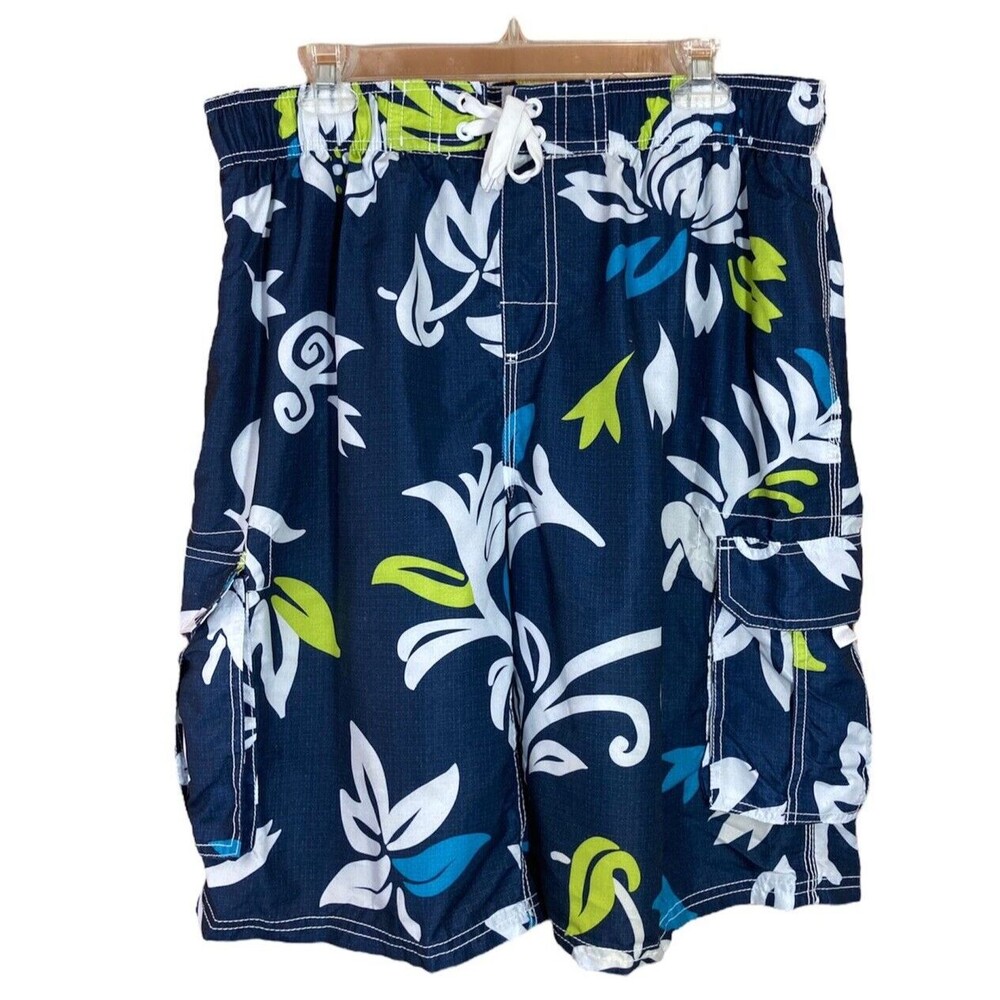 Okami Surf Men's Swimwear Trunks XL Tropical Print Blue White Green 4 Pocket
